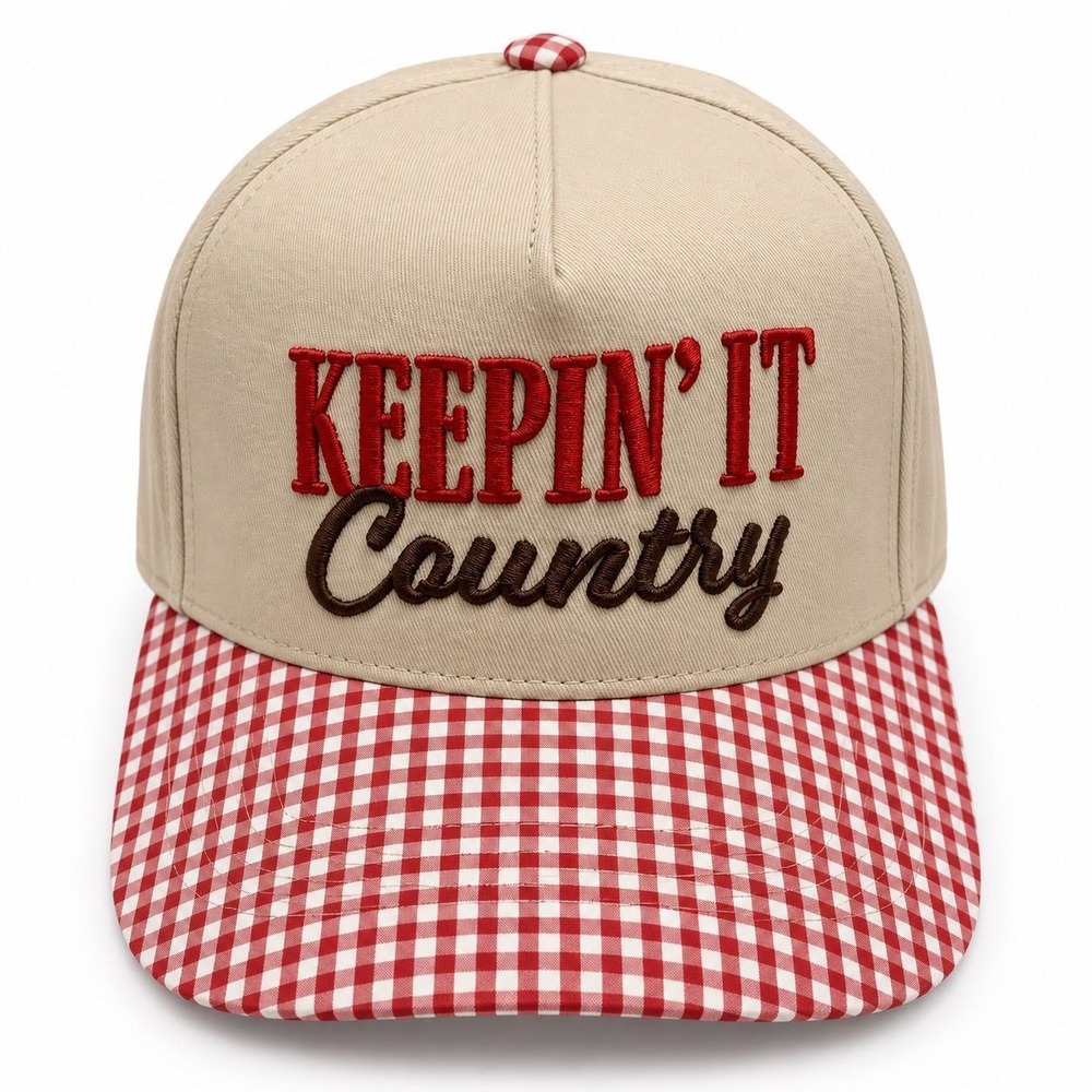 Keepin' It Country Snapback Hat Tan Red Gingham Checkered Trucker Cap Womens